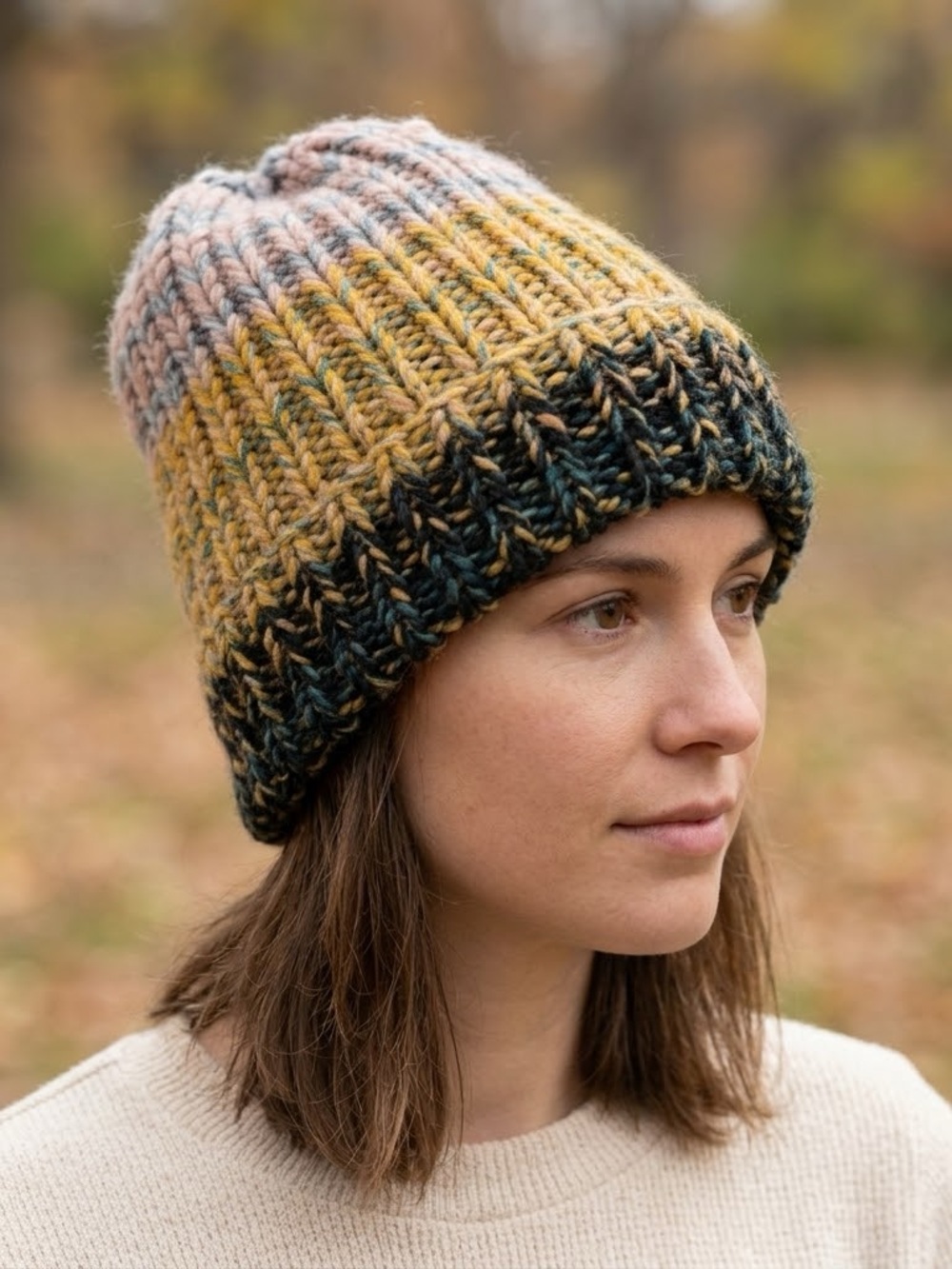 Multicolor Ribbed Knit Beanie - Yellow & Pink Blend